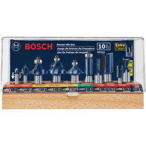 imageBOSCH RBS010 10Piece 12 in and 14 in Shank CarbideTipped AllPurpose Professional Router Bits Assorted Set with Case for Applications in Straight Trimming Decorative Edging Dovetail JoineryAssorted