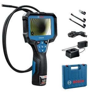 imageBOSCH GIC423C Professional Borescope Inspection Camera with Adjustable LED Light 5ft Removable Endoscope Camera Up Indicating Arrow Includes 12V Rechargeable Battery Carrying Case Attachments4 Screen  5 ft Camera