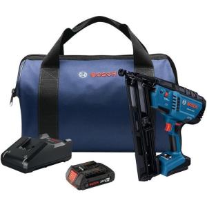imageBOSCH GNH18V15MAB12 18V Brushless 15Gauge Angled Finish Nailer  Cordless Power OneHanded Activation ToolFree Jam Clearing with 2 Ah Power Battery and ChargerTool  Battery  Charger