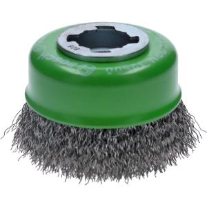 imageBOSCH WBX328 3 In XLOCK Arbor Carbon Steel Knotted Wire Single Row Cup Brush For Applications in Removing Weld Scale Burrs and Corrosion Preparing Painting SurfacesStainless Steel Wire Cup Brush
