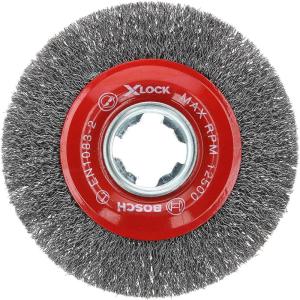 imageBOSCH WBX328 3 In XLOCK Arbor Carbon Steel Knotted Wire Single Row Cup Brush For Applications in Removing Weld Scale Burrs and Corrosion Preparing Painting SurfacesTempered Steel Wire Wheel