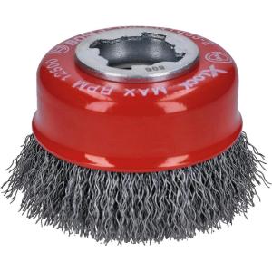 imageBOSCH WBX328 3 In XLOCK Arbor Carbon Steel Knotted Wire Single Row Cup Brush For Applications in Removing Weld Scale Burrs and Corrosion Preparing Painting SurfacesCarbon Steel Wire Cup Brush