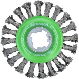 imageBOSCH WBX328 3 In XLOCK Arbor Carbon Steel Knotted Wire Single Row Cup Brush For Applications in Removing Weld Scale Burrs and Corrosion Preparing Painting SurfacesStainless Steel Wire Wheel