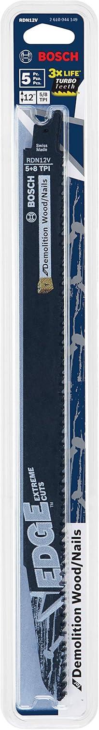 imageBosch RDN12V 5 pc 12 In 58 TPI Edge Reciprocating Saw Blades for WoodNail Demolition