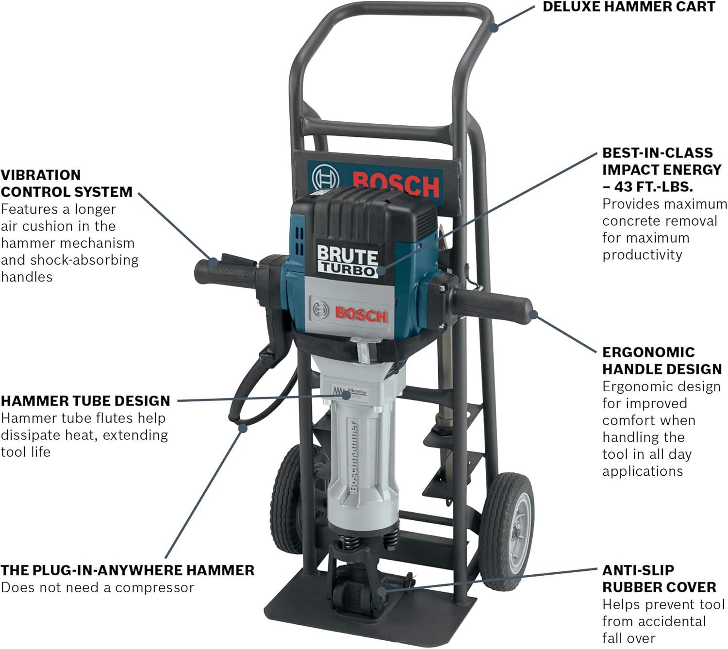 imageBOSCH BH2770VCD 120Volt 118 Hex Breaker Hammer Brute Turbo Deluxe Kit with Deluxe Cart Blue and BOSCH HS2167 19 In 5 In Asphalt Cutter 118 In Hex Hammer SteelBreaker Hammer w Asphalt Cutter