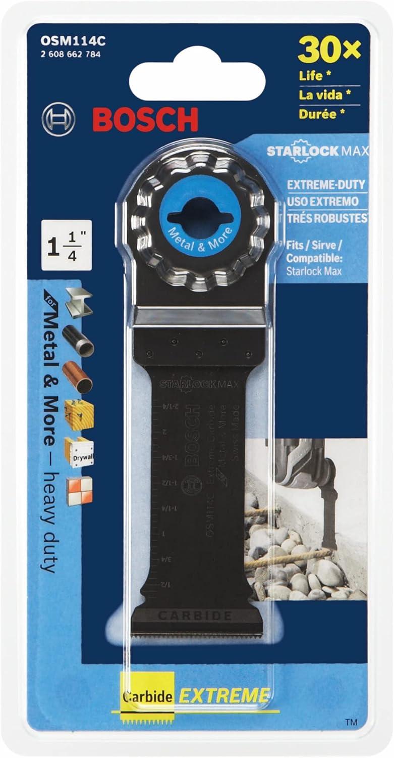 imageBOSCH OSM114C 114 In StarlockMax Oscillating Multi Tool Metal ampamp More Carbide Extreme Plunge Cut Blade for ExtremeDuty Applications in Cutting Iron Bar Metal Wood with Nails Drywall and Tile