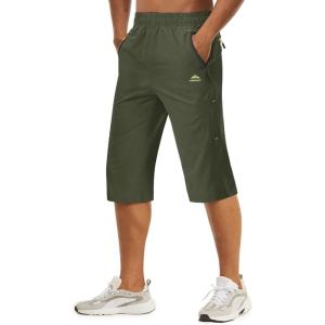 imageTACVASEN Mens Quick Dry Hiking 34 Long Capri Shorts Athletic Workout Running Shorts with Zipper PocketsArmy Green