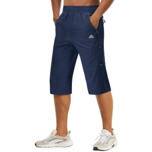 imageTACVASEN Mens Quick Dry Hiking 34 Long Capri Shorts Athletic Workout Running Shorts with Zipper PocketsBlue