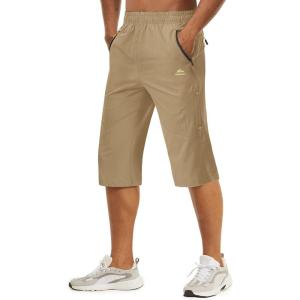 imageTACVASEN Mens Quick Dry Hiking 34 Long Capri Shorts Athletic Workout Running Shorts with Zipper PocketsKhaki