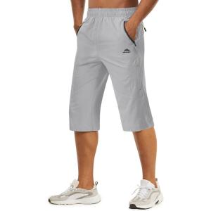 imageTACVASEN Mens Quick Dry Hiking 34 Long Capri Shorts Athletic Workout Running Shorts with Zipper PocketsLight Grey