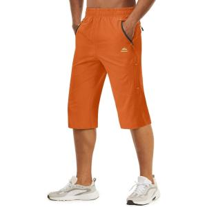 imageTACVASEN Mens Quick Dry Hiking 34 Long Capri Shorts Athletic Workout Running Shorts with Zipper PocketsOrange