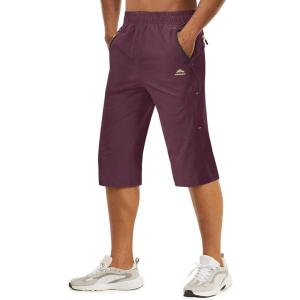 imageTACVASEN Mens Quick Dry Hiking 34 Long Capri Shorts Athletic Workout Running Shorts with Zipper PocketsPurple Red