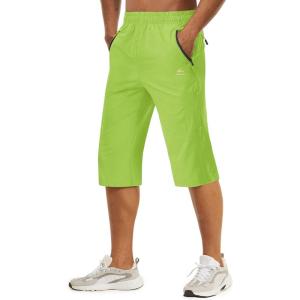 imageTACVASEN Mens Quick Dry Hiking 34 Long Capri Shorts Athletic Workout Running Shorts with Zipper PocketsYellow Green