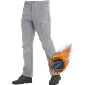 imageTACVASEN Mens Hiking Pants Fleece Lined Cargo Work Pants with 5 Pockets for Fishing Camping TravelLight Grey
