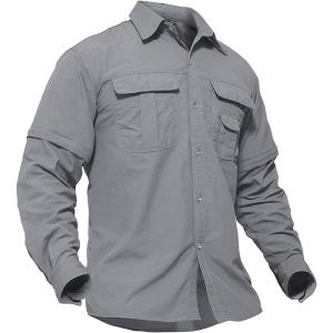 imageTACVASEN Mens Breathable Quick Dry Solid Convertible Long Sleeve Shirt Fishing Hiking SafariLight Grey
