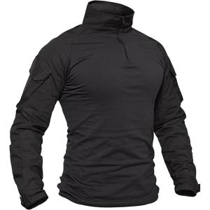 imageTACVASEN Mens Tactical Military Shirt 14 Zip Long Sleeve Combat Shirt with Pockets Lightweight Army Training PaintballBlack
