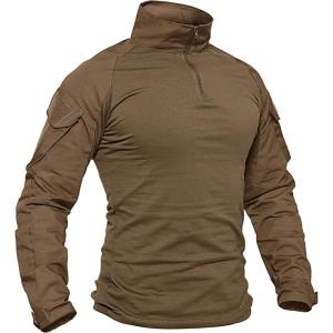 imageTACVASEN Mens Tactical Military Shirt 14 Zip Long Sleeve Combat Shirt with Pockets Lightweight Army Training PaintballBrown