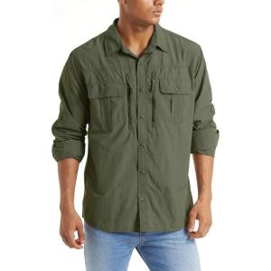 imageTACVASEN Mens Tactical Shirts Quick Dry UV Protection Breathable Long Sleeve Hiking Fishing Button ShirtsGreen