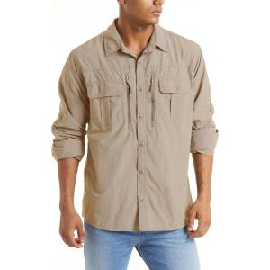 imageTACVASEN Mens Tactical Shirts Quick Dry UV Protection Breathable Long Sleeve Hiking Fishing Button ShirtsKhaki