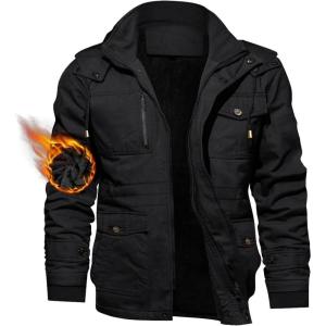 imageTACVASEN Mens Winter Jacket Cotton Military Jackets Fleece Lined Thick Work Coats Warm Cargo Jackets with HoodedB148 Black