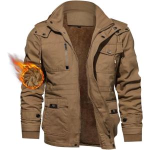 imageTACVASEN Mens Winter Jacket Cotton Military Jackets Fleece Lined Thick Work Coats Warm Cargo Jackets with HoodedB148 Khaki