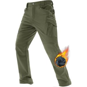 imageTACVASEN Mens Winter Pants 9 Pockets Fleece Snow Hiking Pants WaterResistant Warm Softshell Thick Tactical PantsGreen