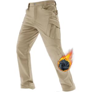 imageTACVASEN Mens Winter Pants 9 Pockets Fleece Snow Hiking Pants WaterResistant Warm Softshell Thick Tactical PantsKhaki