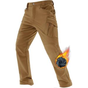 imageTACVASEN Mens Winter Pants 9 Pockets Fleece Snow Hiking Pants WaterResistant Warm Softshell Thick Tactical PantsSand