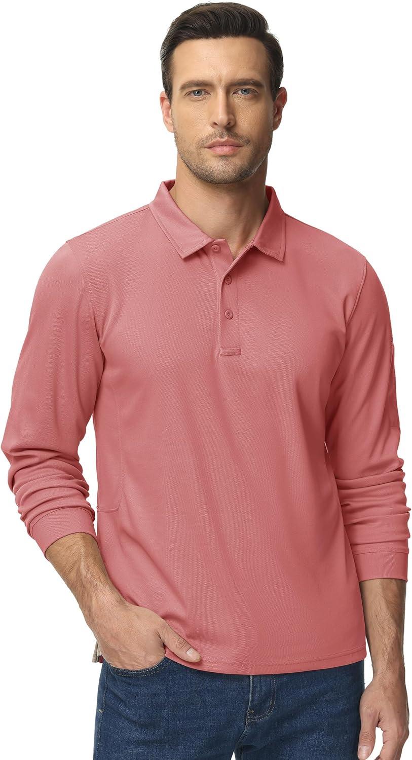 imageTACVASEN Mens Polo Shirts Long Sleeve Quick Dry Shirt Performance Tactical Shirts Golf Shirt Casual Outdoor Work ShirtAgrey Pink