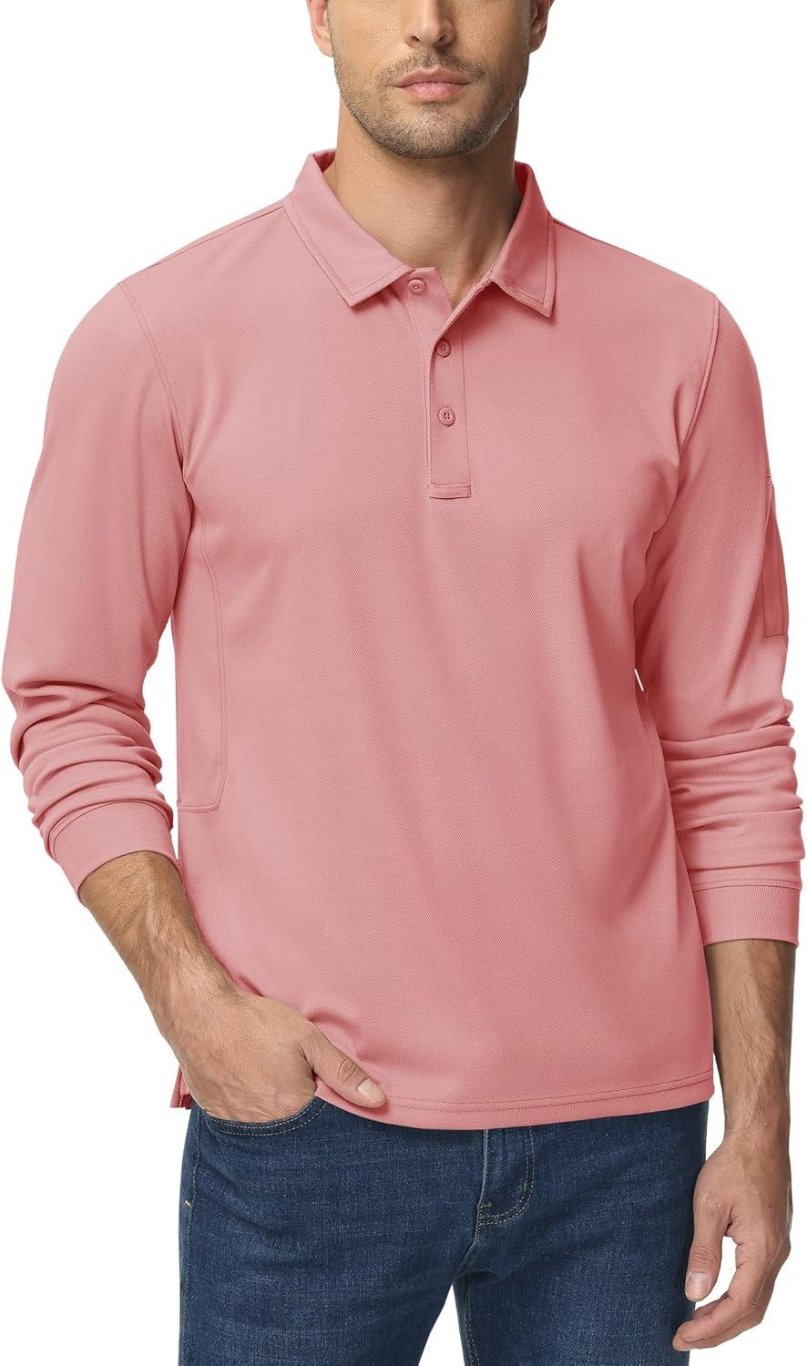 imageTACVASEN Mens Polo Shirts Long Sleeve Quick Dry Shirt Performance Tactical Shirts Golf Shirt Casual Outdoor Work ShirtAgrey Pink
