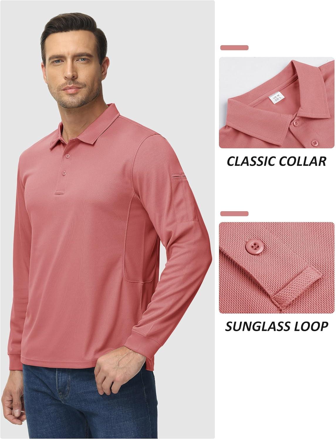 imageTACVASEN Mens Polo Shirts Long Sleeve Quick Dry Shirt Performance Tactical Shirts Golf Shirt Casual Outdoor Work ShirtAgrey Pink