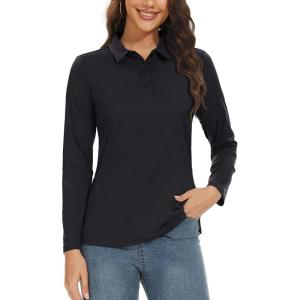 imageTACVASEN Womens Long Sleeve Polo Sun Protection UV SPF Outdoor Long Sleeve 3Button Quick Dry Golf ShirtBlack