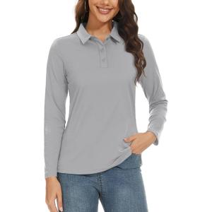imageTACVASEN Womens Long Sleeve Polo Sun Protection UV SPF Outdoor Long Sleeve 3Button Quick Dry Golf ShirtLight Grey