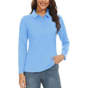imageTACVASEN Womens Long Sleeve Polo Sun Protection UV SPF Outdoor Long Sleeve 3Button Quick Dry Golf ShirtWaterfall Blue