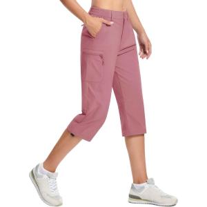 imageTACVASEN Womens Hiking Pants Cargo Capris Lightweight Water Resistant Quick Dry Casual Joggers Outdoor Zipper PocketsGrey Pink