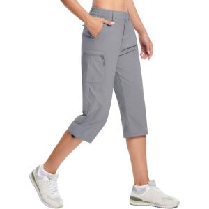 imageTACVASEN Womens Hiking Pants Cargo Capris Lightweight Water Resistant Quick Dry Casual Joggers Outdoor Zipper PocketsLight Grey