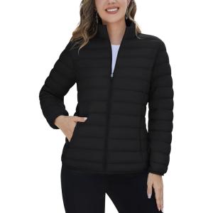 imageTACVASEN Womens Puffer Jacket Quilted Lightweight Stand Collar Zip Up Alternative Down Coat Warm Winter with 4 PocketsBlack