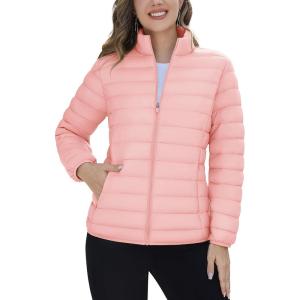 imageTACVASEN Womens Puffer Jacket Quilted Lightweight Stand Collar Zip Up Alternative Down Coat Warm Winter with 4 PocketsPink