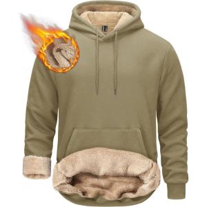 imageTACVASEN Mens Pullover Hoodie Thick Sherpa Lined Kangaroo Pocket Winter Windproof Warm Fleece Hoodie Athletic SweatshirtsKhaki