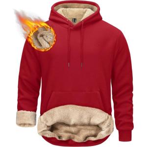 imageTACVASEN Mens Pullover Hoodie Thick Sherpa Lined Kangaroo Pocket Winter Windproof Warm Fleece Hoodie Athletic SweatshirtsTomato Red