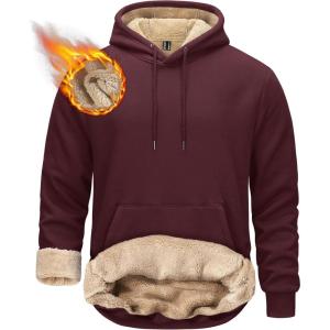 imageTACVASEN Mens Pullover Hoodie Thick Sherpa Lined Kangaroo Pocket Winter Windproof Warm Fleece Hoodie Athletic SweatshirtsWine Red