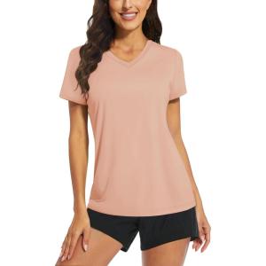 imageTACVASEN Womens TShirts UPF 50 Sun Protection VNeck Short Sleeve Tops Quick Dry Hiking Running Workout TShirtsApricot