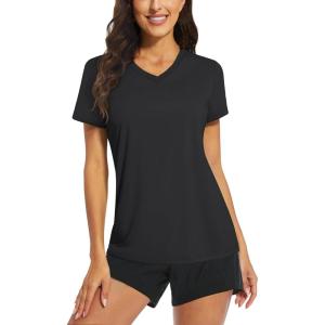 imageTACVASEN Womens TShirts UPF 50 Sun Protection VNeck Short Sleeve Tops Quick Dry Hiking Running Workout TShirtsBlack