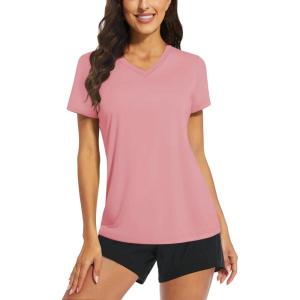 imageTACVASEN Womens TShirts UPF 50 Sun Protection VNeck Short Sleeve Tops Quick Dry Hiking Running Workout TShirtsGray Pink
