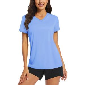 imageTACVASEN Womens TShirts UPF 50 Sun Protection VNeck Short Sleeve Tops Quick Dry Hiking Running Workout TShirtsLight Blue