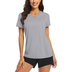 imageTACVASEN Womens TShirts UPF 50 Sun Protection VNeck Short Sleeve Tops Quick Dry Hiking Running Workout TShirtsLight Gray
