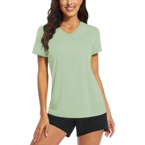 imageTACVASEN Womens TShirts UPF 50 Sun Protection VNeck Short Sleeve Tops Quick Dry Hiking Running Workout TShirtsLight Green