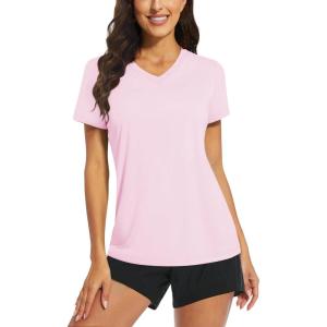 imageTACVASEN Womens TShirts UPF 50 Sun Protection VNeck Short Sleeve Tops Quick Dry Hiking Running Workout TShirtsLight Pink