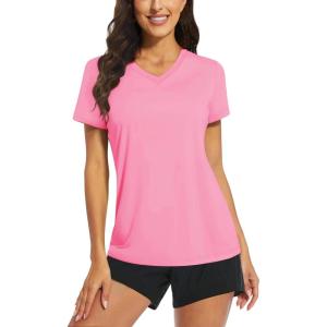 imageTACVASEN Womens TShirts UPF 50 Sun Protection VNeck Short Sleeve Tops Quick Dry Hiking Running Workout TShirtsRose Red