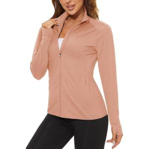 imageTACVASEN Womens Athletic Jackets Lightweight UV Protection Shirts Full Zip Workout Jacket UPF 50 Long Sleeve Sun ShirtApricot